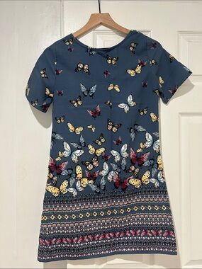 Butterfly Print Short Sleeve Shift Dress - Blue with Yellow & Pink Butterflies